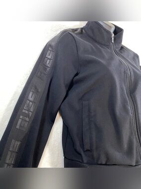 GUESS New Allie Scuba Zip Up Track Jacket Black Logo Tape Sleeves Size Medium